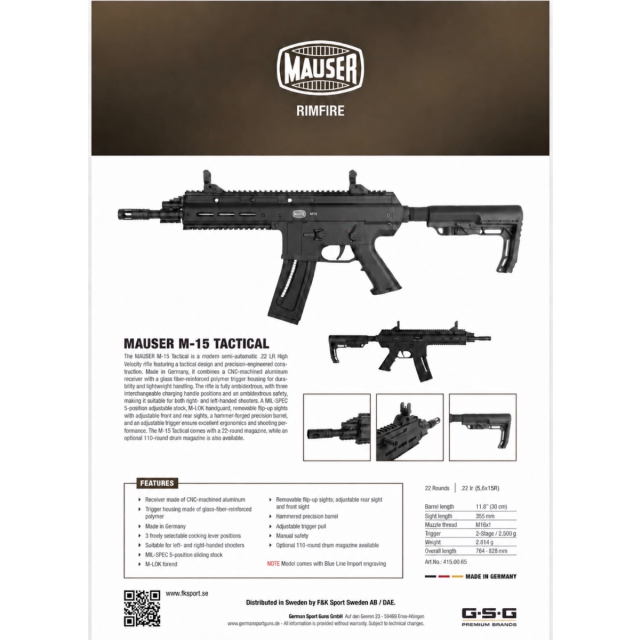 Mauser M15 Tactical Black .22Lr 30cm